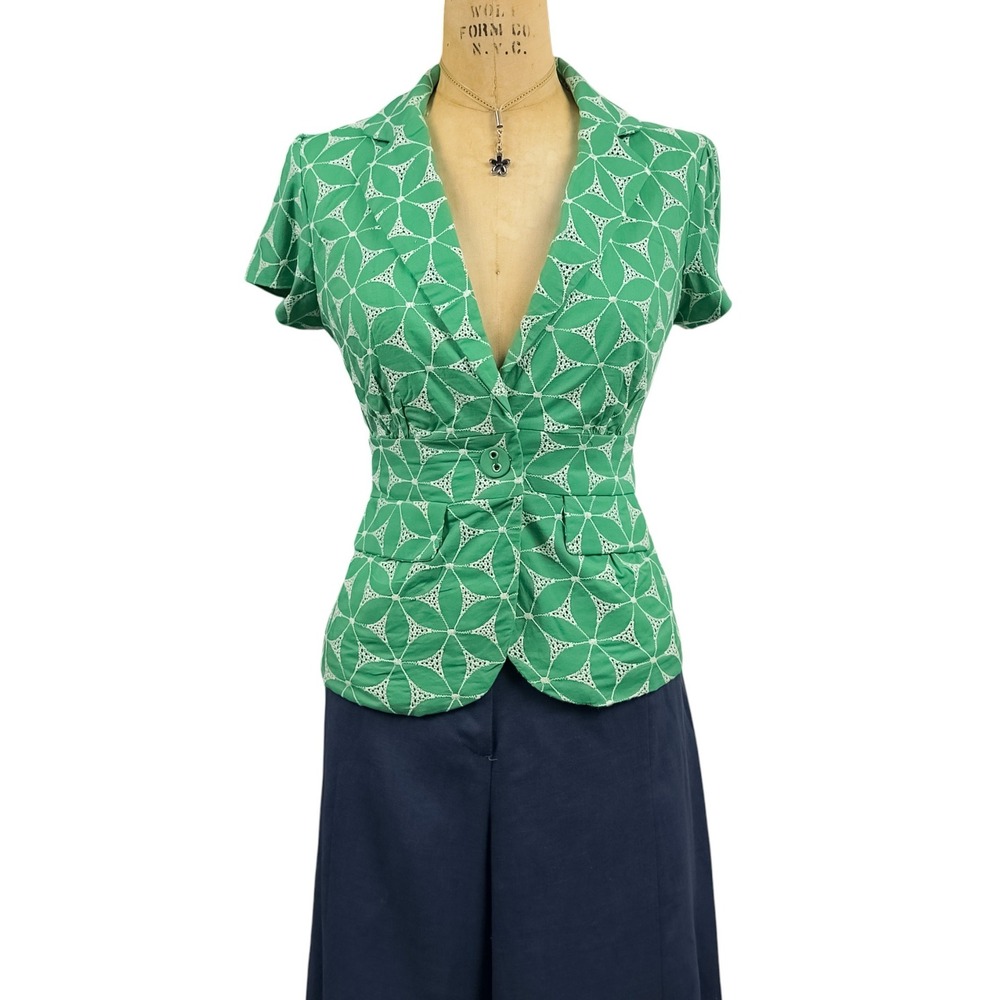 2000s Tailored Retro Eyelet Green Blazer Short Sleeve Office Summer Chic Medium